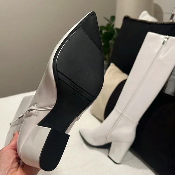 Nine West “Gabal” White Leather Tall Block Heel Pointy Toe Boots Size 7 NEW - Picture 10 of 16